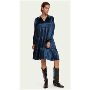 Scotch & Soda Satin Maison Navy Blue Tiered Skirt Midi Dress | Size Large
